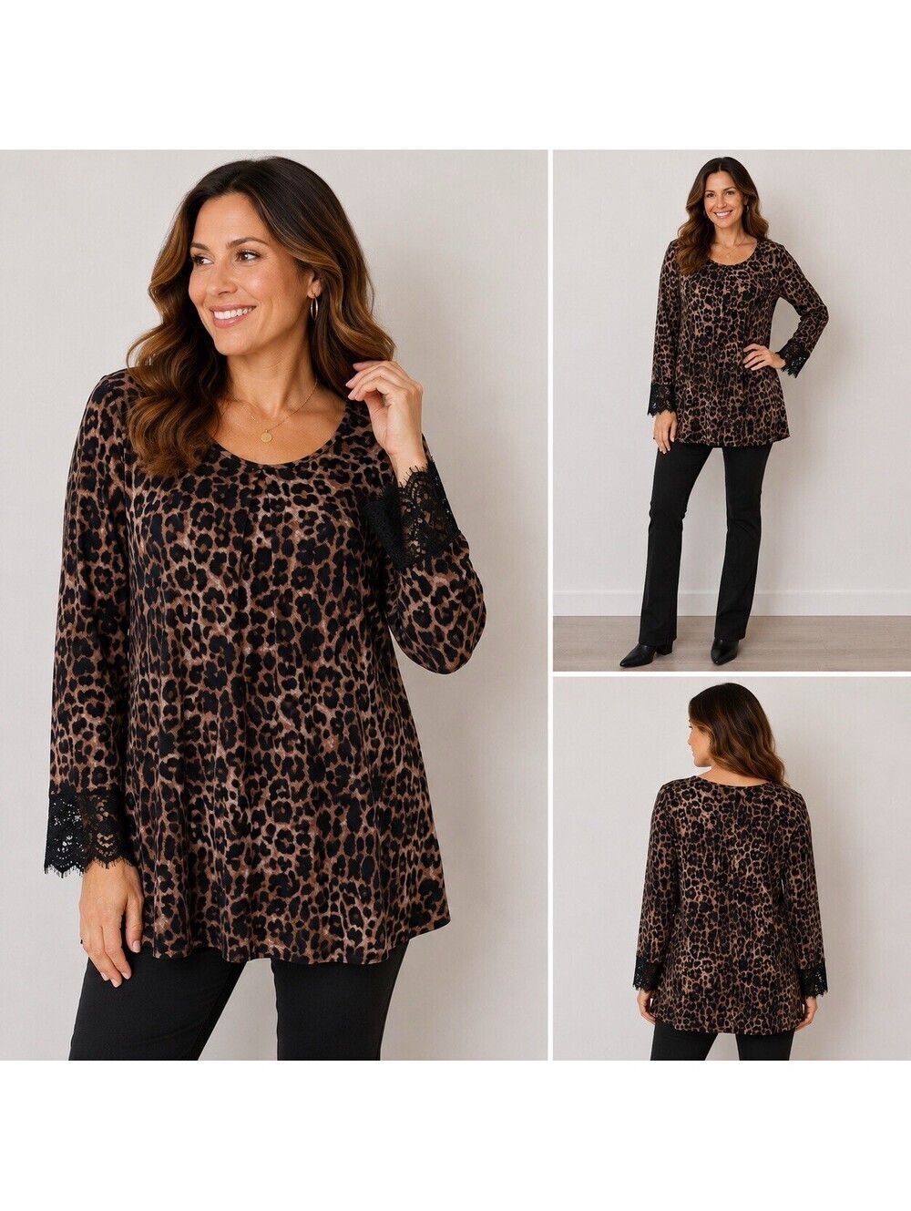 Soma Leopard Print Tunic Blouse Women’s Large Brown Black Long Sleeve Lace